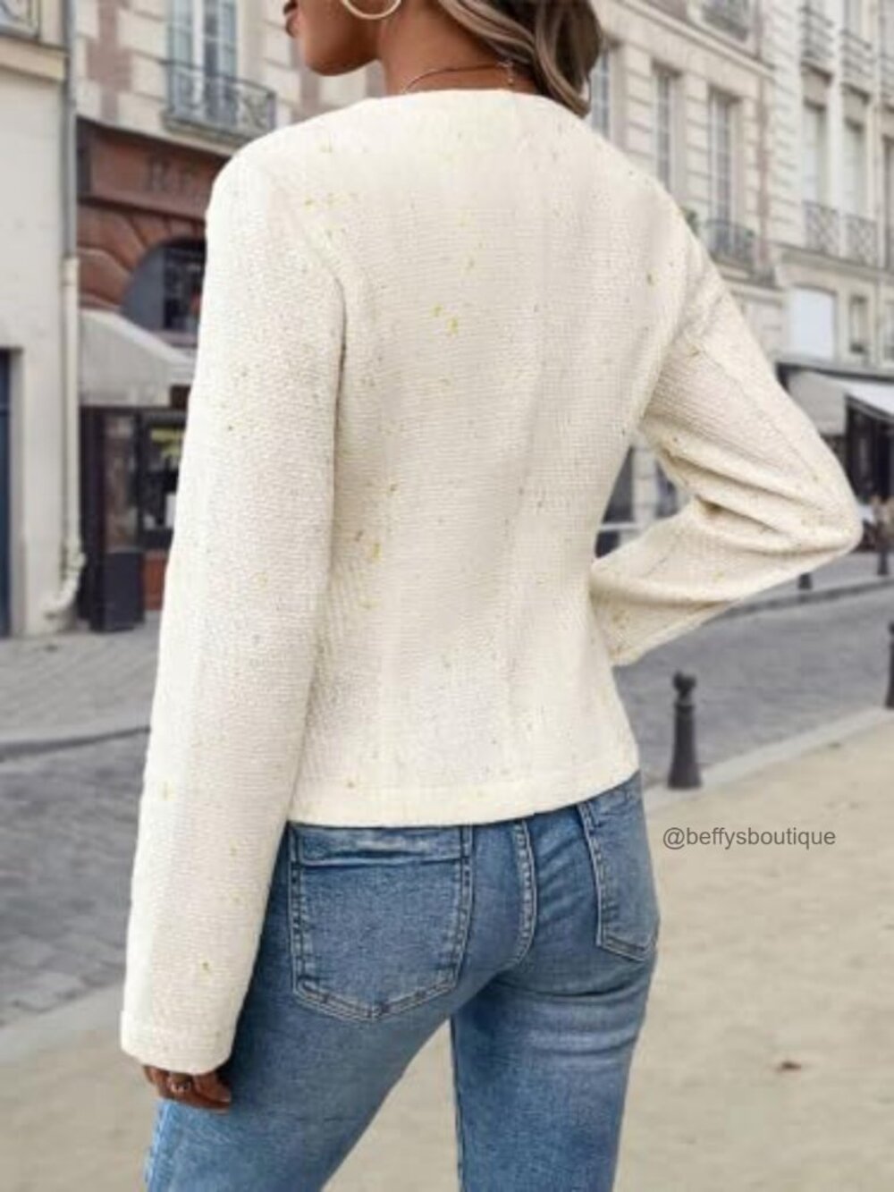 Collarless Open Front Fitted Tweed Blazer Jacket Fully Lined Casual Work Coat - Picture 3 of 6